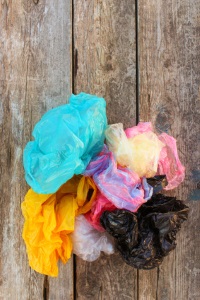 Scrunched carrier bags on the floor